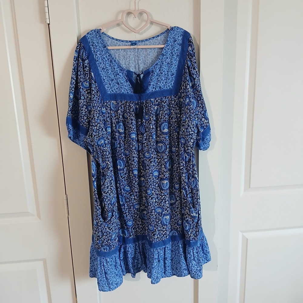 Old Navy Blue Floral Block Print Babydoll Dress 3X Boho Tassel Mini Pockets